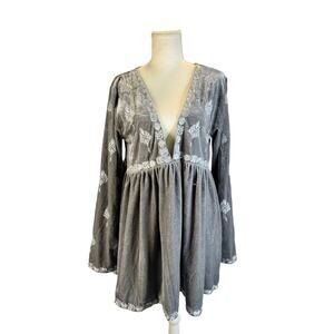 POL Velvet Tunic Silver Gray Women’s Medium Boho Fairy Cottage Festival Babydoll